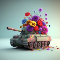 Toy tank fires a bouquet of flowers. Peace concept background 3D Rendering wouldn't peace be better? war zone sprocket solider cannon worldwar ukraine safety army military Generative AI - obrazy, fototapety, plakaty
