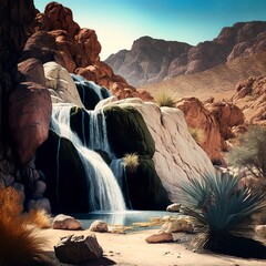 waterfall in the desert in a barren wasteland palm tree rocky highlands in the tropics shall we bring you water? Moses bible story heat canyon flowing israel palestina arizona Generative AI  - obrazy, fototapety, plakaty