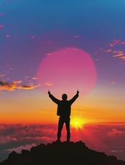 The silhouette of a man cheerful raise in his hand on the top of the mountain During sunset time
