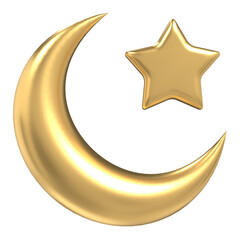 Islamic crescent moon and star icon. Golden Moon and star 3d icon. Symbol shape design for islamic concept. 3D render illustration © Aozora