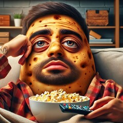 Illustration of a couch potato. A lazy demotivated couch potato sitting on a couch watching TV and eating snacks. Laziness. Comfort zone. Lethargic. Generative AI