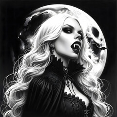 Black and White charcoal style drawing of a beautiful pale female vampire with background of full moon, exposed fangs, blood dripping 