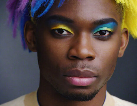 Portrait of a beautiful young african man with colorful hair and eye makeup, self assertion and fashion