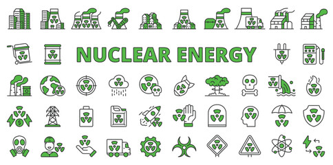 Radioactive energy icons in line design green. Reactor, power, plant, radiation, electricity, atomic, danger, nuclear isolated on white background vector. Radioactive energy editable stroke icon.