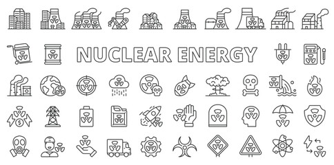 Radioactive energy icons in line design. Reactor, power, plant, radiation, electricity, atomic, danger, nuclear isolated on white background vector. Radioactive energy editable stroke icon.