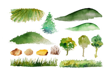 Collection of watercolor green trees, stones, grass, landscape design. Hand drawn trees. Forest...