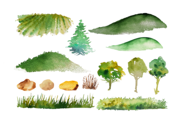 Collection of watercolor green trees, stones, grass, landscape design. Hand drawn trees. Forest illustration. Summer or spring design