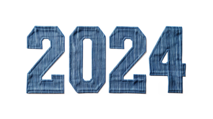 Denim textured digits 2024 isolated on a transparent background, concept of fashion and sustainability