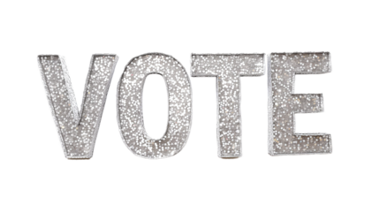 Glittering silver VOTE word in a bold, uppercase font isolated on a transparent background, representing democracy and elections concept