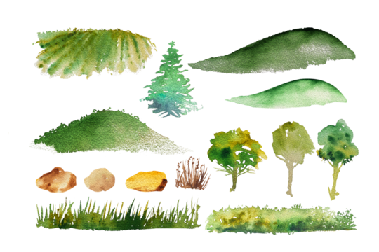 Collection of watercolor green trees, stones, grass, landscape design. Hand drawn trees. Forest illustration. Summer or spring design