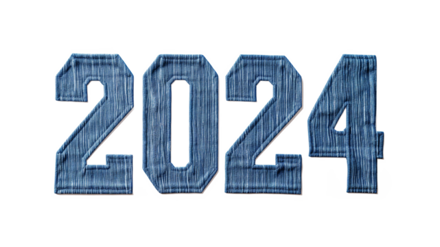 Denim textured digits 2024 isolated on a transparent background, concept of fashion and sustainability