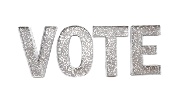 Glittering silver VOTE word in a bold, uppercase font isolated on a transparent background, representing democracy and elections concept