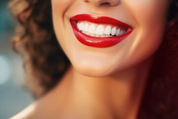 Portrait of happy women with perfect smile with nice white teeth and red lipstick. Generative Ai.