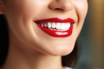 Fototapeta premium Portrait of happy women with perfect smile with nice white teeth and red lipstick. Generative Ai.