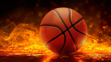 Basketball auf dunklem Hintergrund mit orange gelben Lichteffekten und Nebel. Querformat 16:9. Generative Ai.