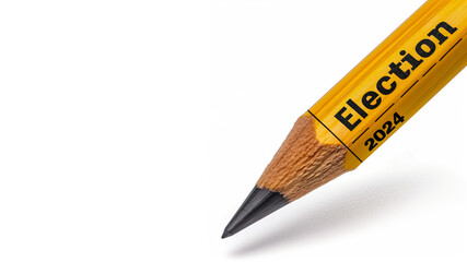 Close-up of a yellow pencil with Election 2024 inscription on a white background, symbolizing upcoming political elections