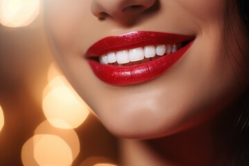 Obraz premium Portrait of happy women with perfect smile with nice white teeth and red lipstick. Generative Ai.