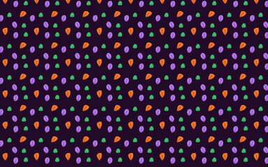 Ready to use nature pattern background or texture. Contains colorful leaves. Colorful variant. Orange, purple, and green, in dark backdrop.