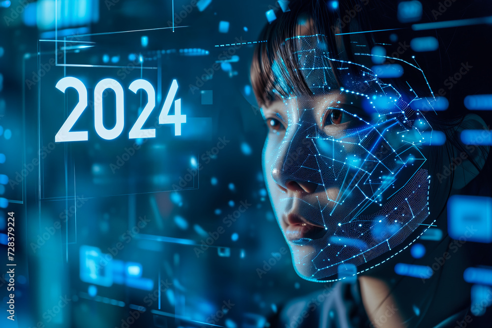 Poster futuristic woman with digital facial recognition interface showing 2024, concept of advanced technol