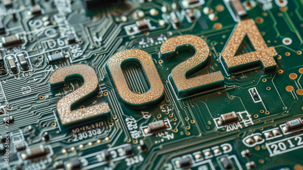 Aufkleber glittering 2024 numerals on electronic circuit board representing the integration of technology and 