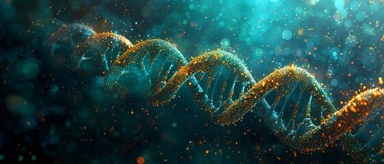 a symmetrical background with intertwining double helix structures of DNA, incorporating glowing double helix structures in shades of cosmic teal, biotech green, and genetic gold. in Healthcare Fusion - obrazy, fototapety, plakaty
