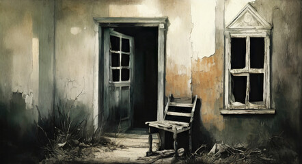 Fototapeta na wymiar Abadoned and weathered house with a opened door and chair