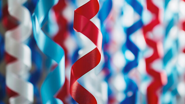 Red and blue ribbons on a blue background, close-up