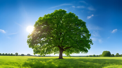 Fototapeta na wymiar The sun shining through a majestic green oak tree on a meadow, with clear blue sky in the background, panorama format. Generative AI.