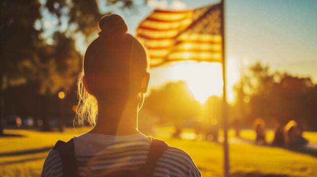 Rear view of a young woman looking at the USA flag at sunset
