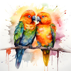 Lovebirds Couple sitting on the branch Green Blue Watercolor Bird Illustration