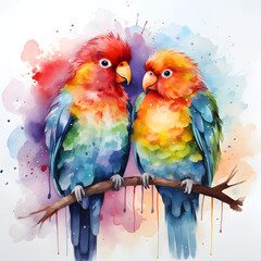 Lovebirds Couple sitting on the branch Green Blue Watercolor Bird Illustration