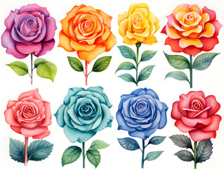 Watercolor set with different roses iaolsted on white background