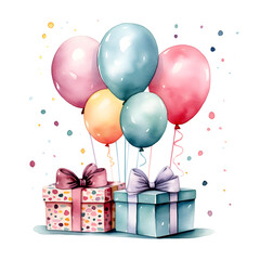 Watercolor birthday presents, balloons, cake