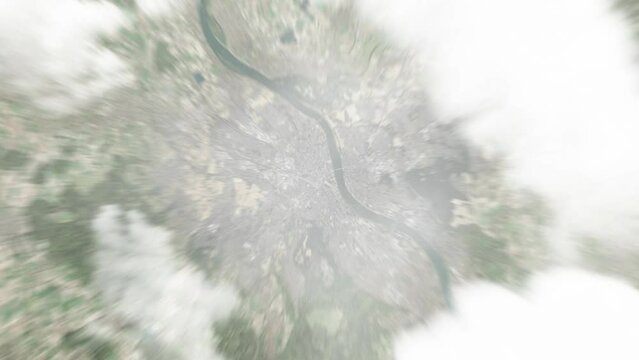 Earth zoom in from space to Bonn, Germany. Followed by zoom out through clouds and atmosphere into space. Satellite view. Travel intro. Images from NASA
