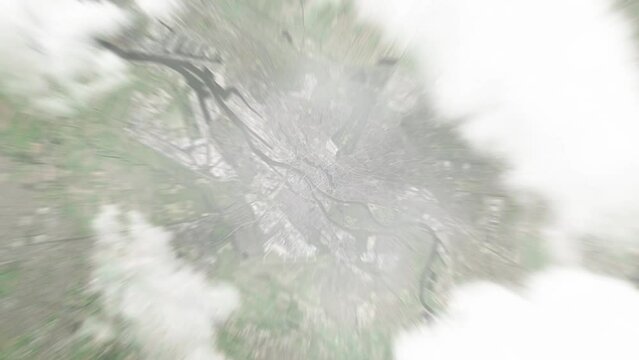 Earth zoom in from space to Bremen, Germany. Followed by zoom out through clouds and atmosphere into space. Satellite view. Travel intro. Images from NASA