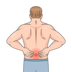 Fototapeta premium Low back pain in back of man diagram hand drawn schematic raster illustration. Medical science educational illustration
