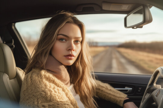 Created with generativ AI - Beautiful woman in car