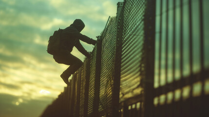An illegal migrant climbs over a fence on the Mexico-US border - obrazy, fototapety, plakaty