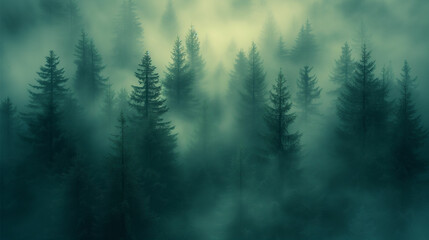 Step into the enchanting mist of a vintage retro fir forest landscape, where timeless beauty meets the serenity of nature. - obrazy, fototapety, plakaty