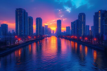 Sunset Serenade A Glowing River Runs Through the City Generative AI