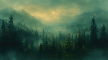 Step into enchantment with a vintage retro fir forest landscape, shrouded in an enchanting mist.