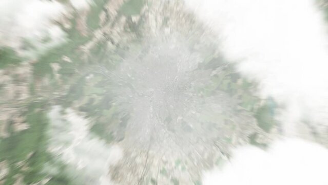 Earth zoom in from space to Dijon, France. Followed by zoom out through clouds and atmosphere into space. Satellite view. Travel intro. Images from NASA