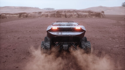 Electric rover on alien planet. Mars surface. 3d rendering.