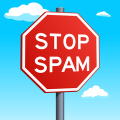 Stop Spam red road sign on blue sky background. Conceptual illustration. Pop art style hand drawn color raster illustration.
