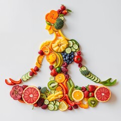 A vibrant and whimsical illustration of a woman embodying the beauty and nourishment of nature through a yoga pose crafted from an array of colorful fruits and vegetables