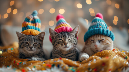 Kitten with party hats in blurred background, glitter and gold background