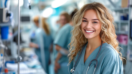 Fototapeta premium Healthcare Professional in Hospital Setting. A healthcare professional with a bright smile stands in a clinical. 