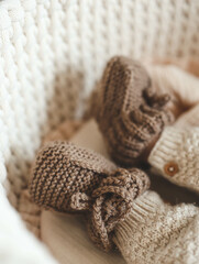Knitted slippers and things for a newborn in the cradle
