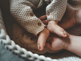 Tiny legs of a newborn in the hands of mom, concept of motherhood and care