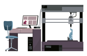 3d Printer for Creating Model in Laboratory. Modeling Printing Progress, Additive Technology Development, Innovation. Cartoon Flat Vector Illustration